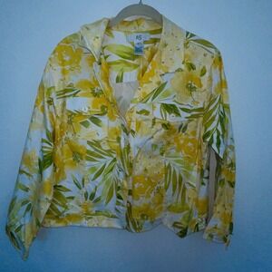 iOS Tropical Floral Print Button Front Jacket Yellow Green White 703407 L